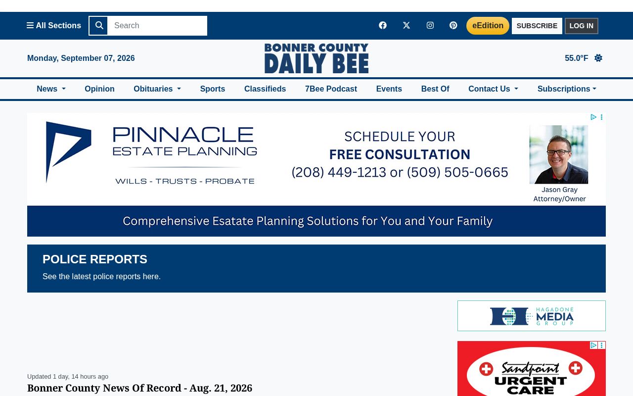 Bonner County Daily Bee News of Record police reports archive