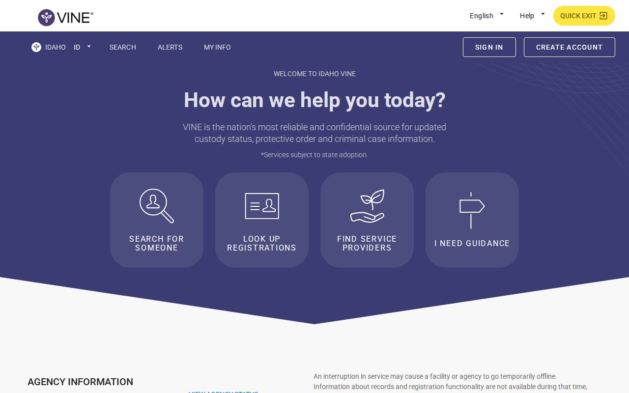Idaho VINELink state search screen for custody records