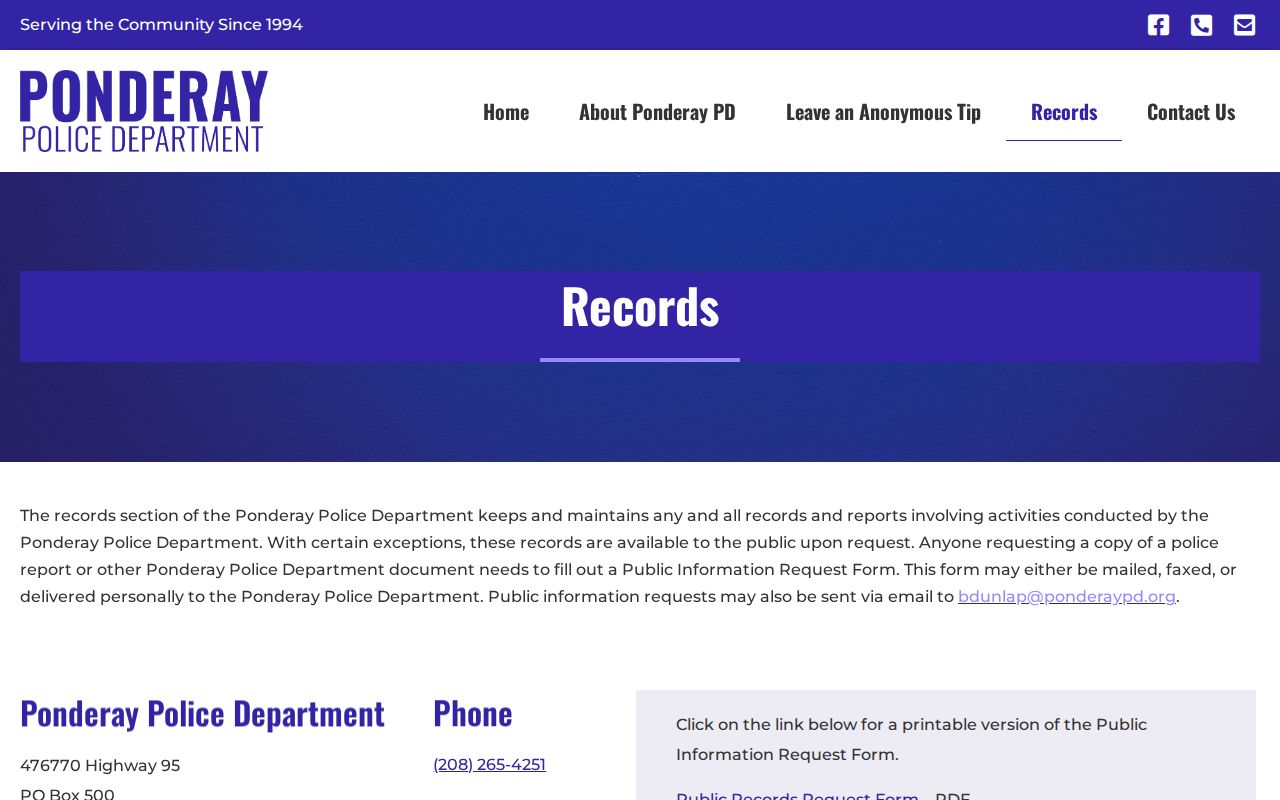 Ponderay Police records section explaining public reports and request methods