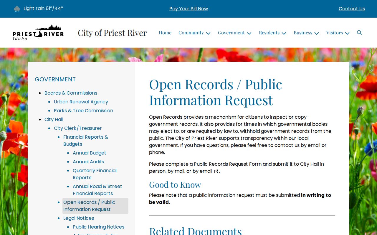 Priest River official open records public information request page